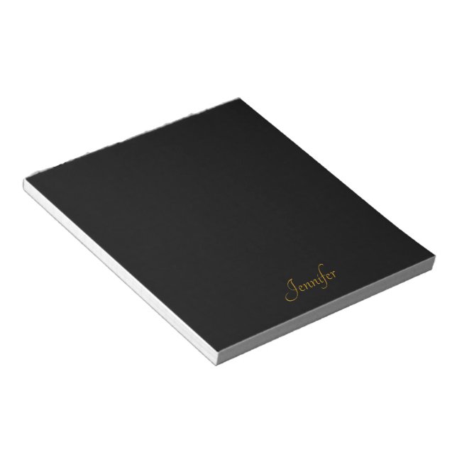 Elegant Black Gold Script Personalized Monogram Notepad (Angled)