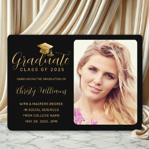 Elegant Black Gold Script Photo College Graduation Announcement