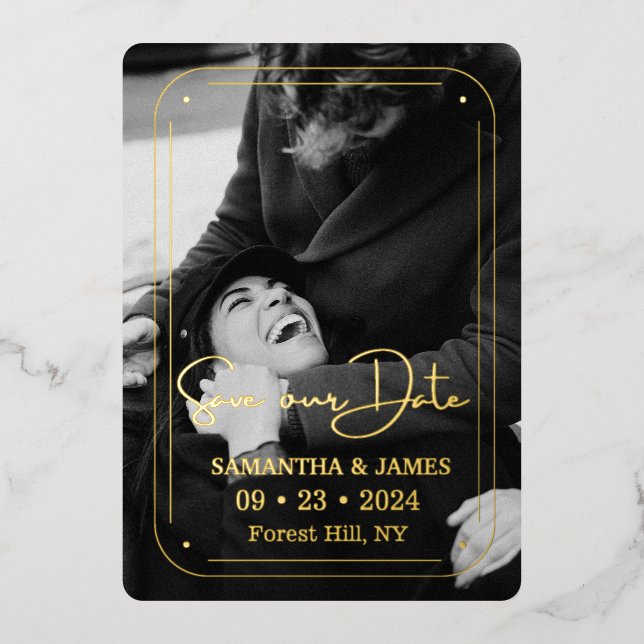 Elegant Black Gold Script Photo Save the Date  (Front)