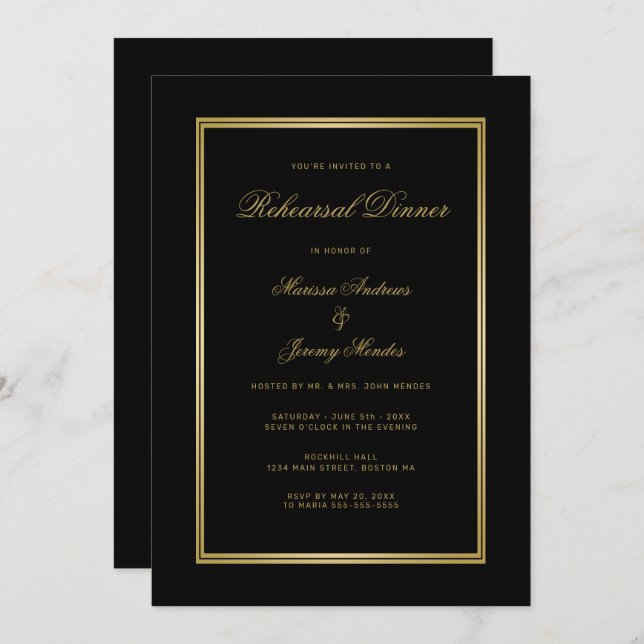 Elegant Black Gold Script Rehearsal Dinner Invitation (Front/Back)