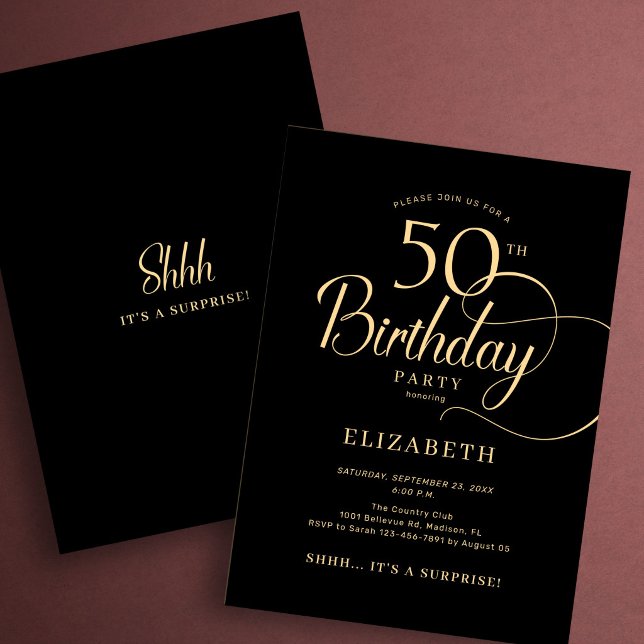 Elegant Black Gold Script Surprise 50th Birthday Invitation (Creator Uploaded)