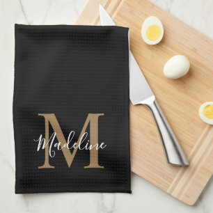 Elegant Black Gold Script Typography Monogram Kitchen Towel