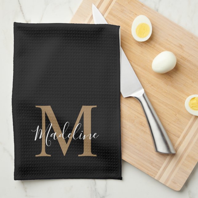 Elegant Black Gold Script Typography Monogram Kitchen Towel (Quarter Fold)