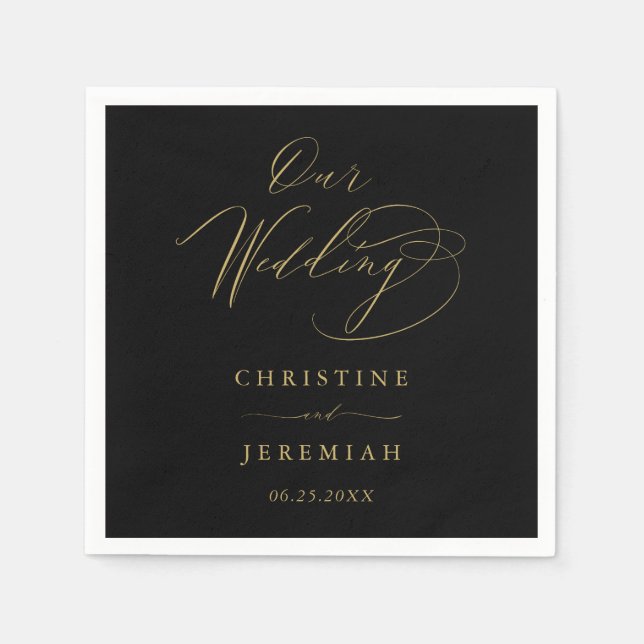 Elegant Black Gold Script Typography Wedding Napkin (Front)