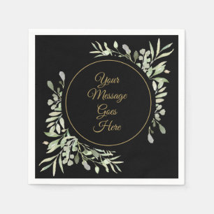 Elegant Black Gold Script Watercolor Greenery Napkin