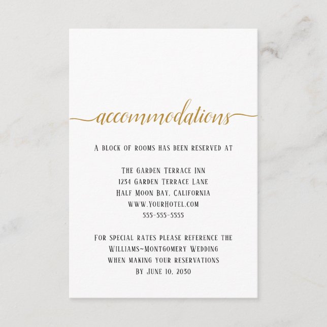 Elegant Black Gold Script Wedding Accommodations Enclosure Card (Front)