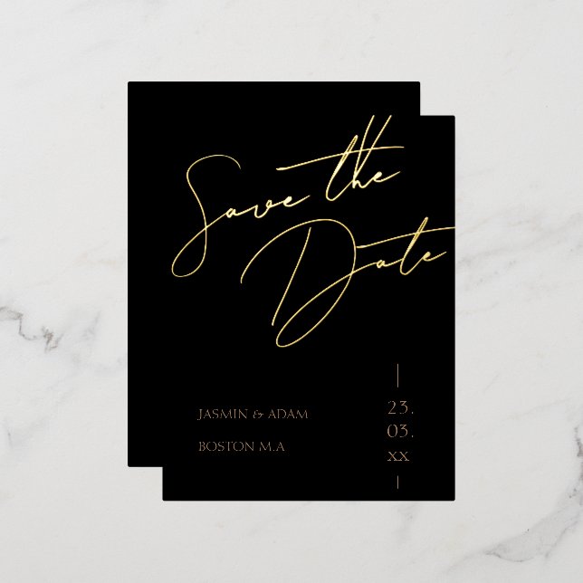 Elegant Black Gold Script Wedding Save The Date Foil Invitation Postcard (Front/Back)