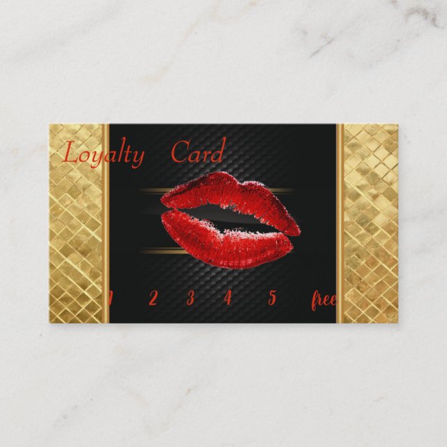 Elegant Black,Gold Sequin Red Lips,  Loyalty Card (Front)