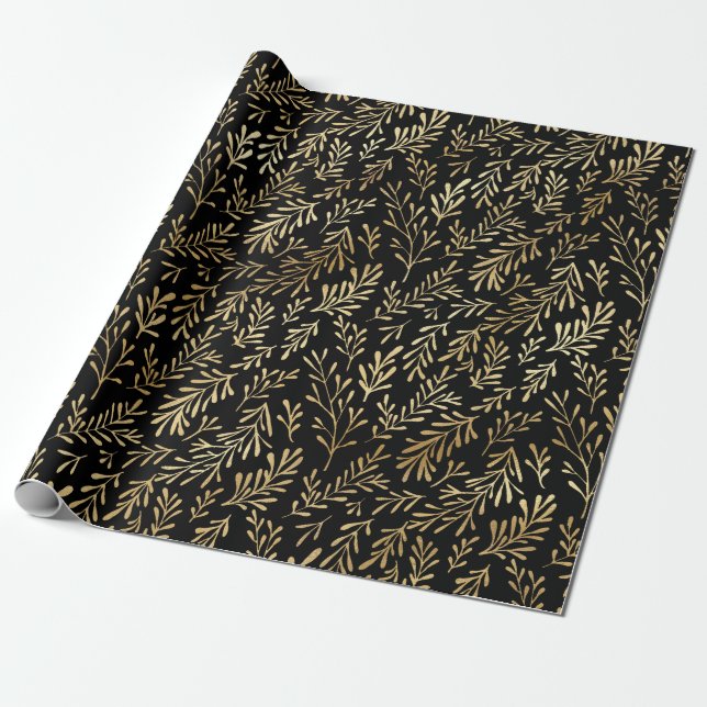 Elegant Black Gold Shimmer Botanical Leaf Birthday Wrapping Paper (Unrolled)