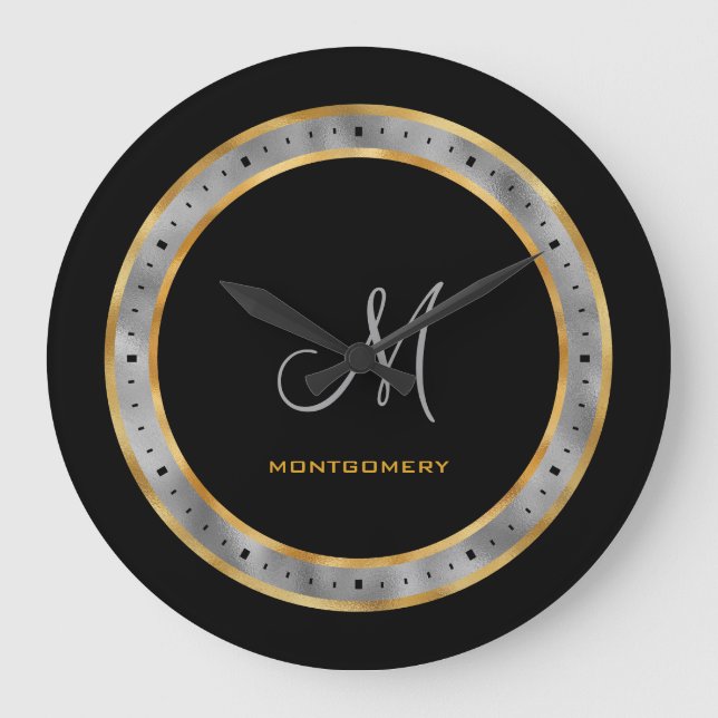 Elegant Black Gold Silver Foil Custom Monogram Large Clock (Front)