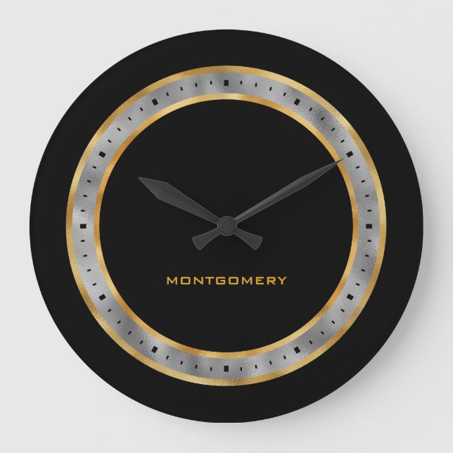 Elegant Black Gold Silver Foil Personalized Large Clock (Front)