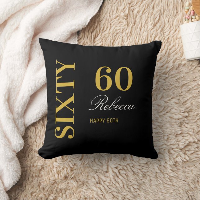 Elegant Black & Gold Sixty 60th Birthday Custom  Throw Pillow (Blanket)