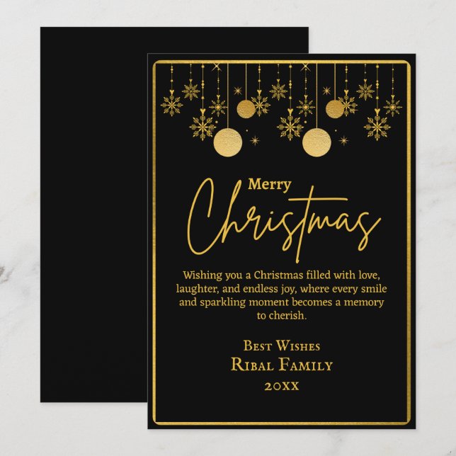Elegant Black & Gold Snowflake Merry Christmas  Holiday Card (Front/Back)
