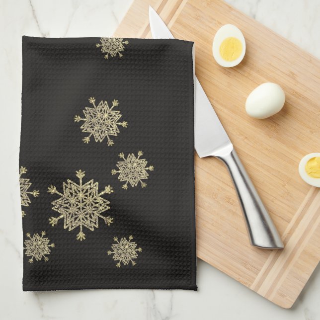 Elegant Black & Gold Snowflakes Christmas Kitchen Towel (Quarter Fold)