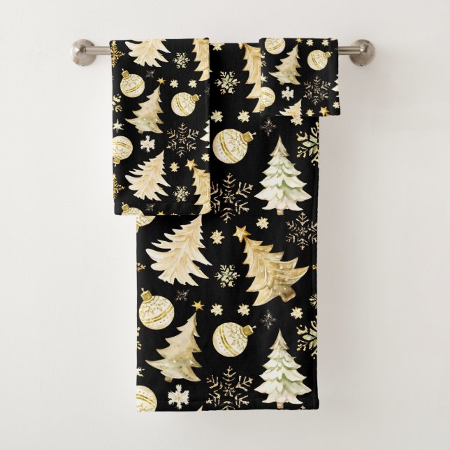 Elegant Black Gold Snowflakes Christmas Tree Balls Bath Towel Set (Insitu)
