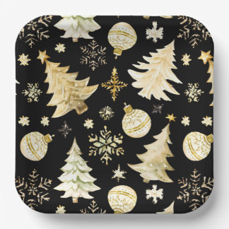 Elegant Black Gold Snowflakes Christmas Tree Balls Paper Plate