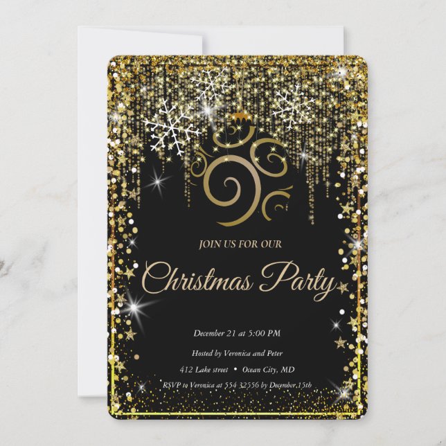 Elegant Black -Gold Sparkle Christmas Tree Invitation (Front)