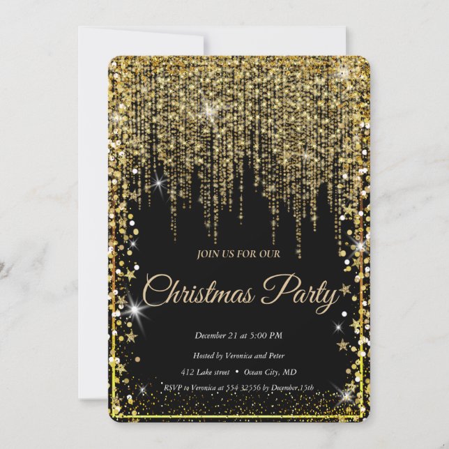 Elegant Black -Gold Sparkle Christmas Tree Invitation (Front)