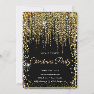 Elegant Black -Gold Sparkle Christmas Tree Invitation