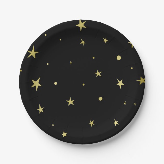 Elegant Black Gold Stars Paper Plates (Front)