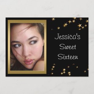 Elegant Black Gold Stars Photo Sweet 16 Invitation