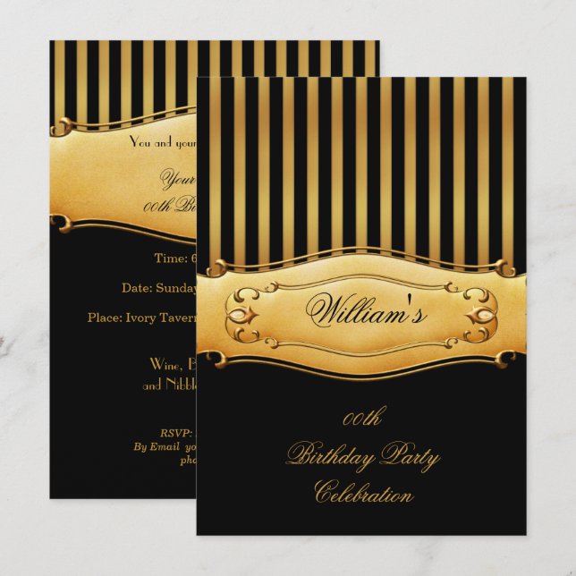 Elegant Black Gold Stripe Birthday Party Men's Man Invitation (Front/Back)