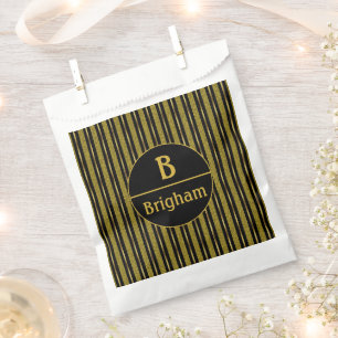 Elegant Black Gold Stripe Split Monogram Favour Bag