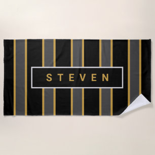 Elegant Black Gold Stripes Personalized Mens Beach Towel