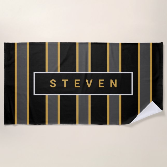 Elegant Black Gold Stripes Personalized Mens Beach Towel (Front)
