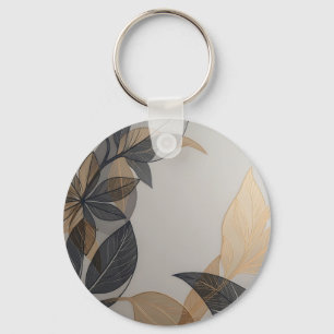 Elegant Black Gold Stylized Leaf Botanical Pattern Keychain