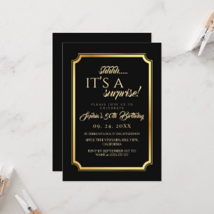 Elegant Black Gold Surprise 50th Birthday Party Invitation