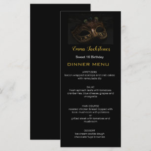 Elegant Black Gold Sweet 16 Masquerade Mask Menu