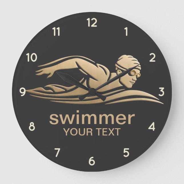 Elegant Black Gold Swimmer Swimming Pool Water  Large Clock (Front)