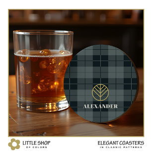 Elegant Black Gold Tartan Plaid Monogram Round Paper Coaster