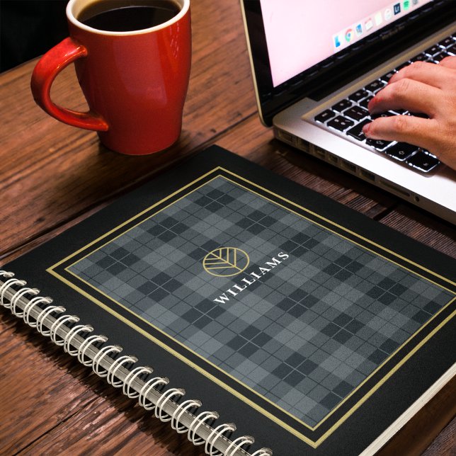 Elegant Black Gold Tartan Plaid Monogrammed Notebook (Creator Uploaded)