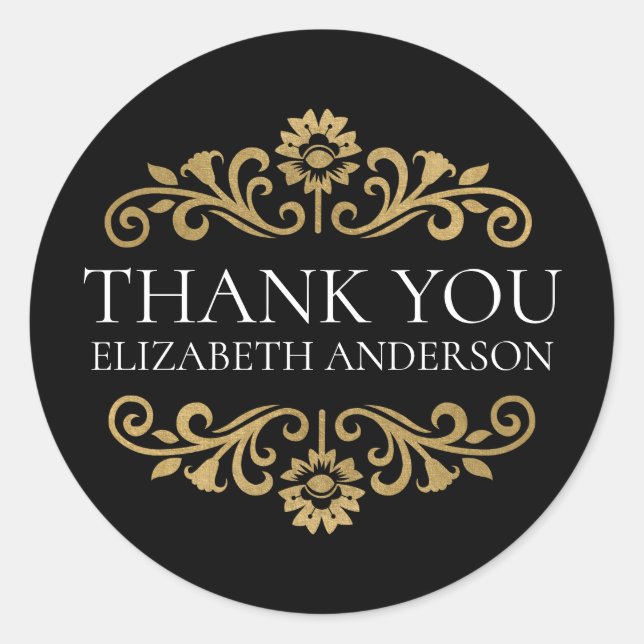 Elegant Black Gold Thank You Sticker (Front)