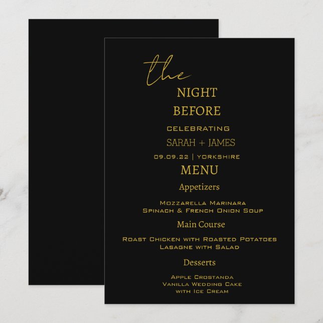 Elegant Black & Gold The Night Before Wedding  Menu (Front/Back)