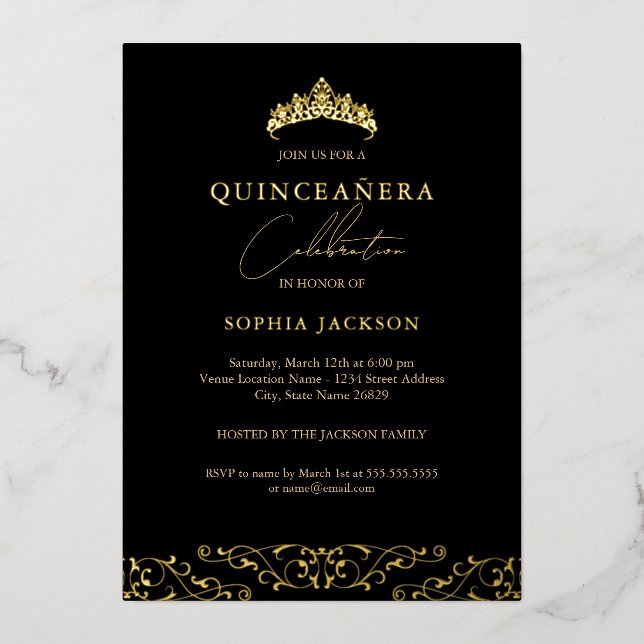 Elegant Black Gold Tiara Script Quinceanera (Front)