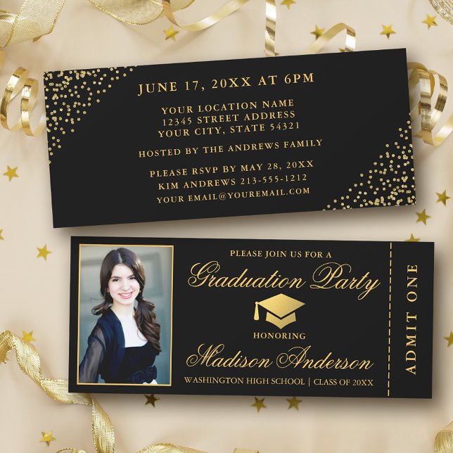 Elegant Black Gold Ticket Photo Graduation Party Invitation (Customize to change text size or text style.)