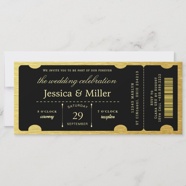 Elegant Black & Gold Ticket Wedding Invitation (Front)