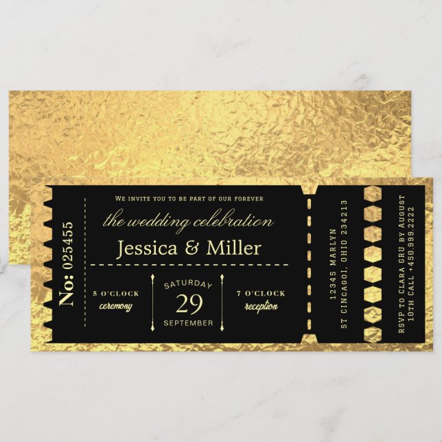 Elegant Black & Gold Ticket Wedding Invitation (Front/Back)