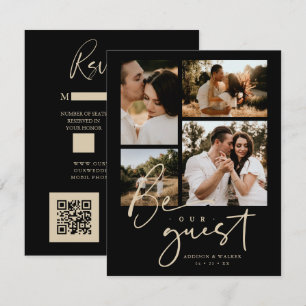 Elegant Black Gold Trendy Collage Wedding 4-Photo RSVP Card