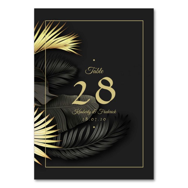 Elegant Black & Gold Tropical Leaf Wedding Table Number (Front)