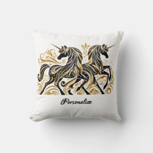 Elegant Black Gold Unicorn Personalized Stylish Throw Pillow