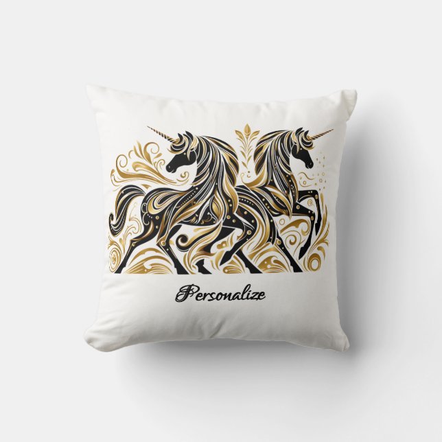Elegant Black Gold Unicorn Personalized Stylish Throw Pillow (Front)