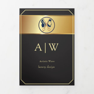Elegant Black & Gold Unisex Hair Salon Tri-Fold Card