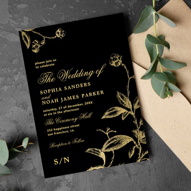Elegant black gold vintage antique wedding invitation (Creator Uploaded)