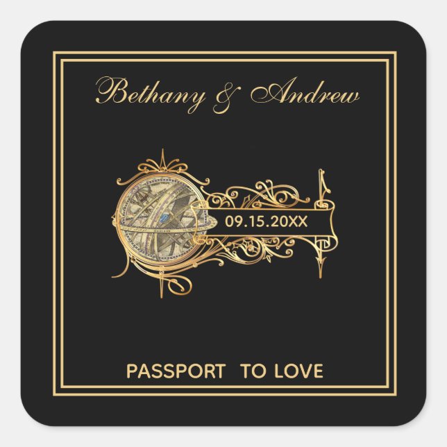 Elegant Black Gold Vintage Travel Wedding Square Sticker (Front)