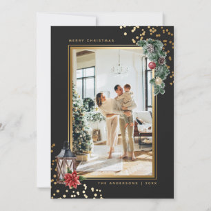 Elegant Black Gold Watercolor Photo Christmas Holiday Card