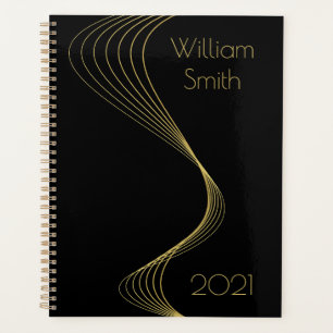 Elegant Black Gold Wavy Lines Planner